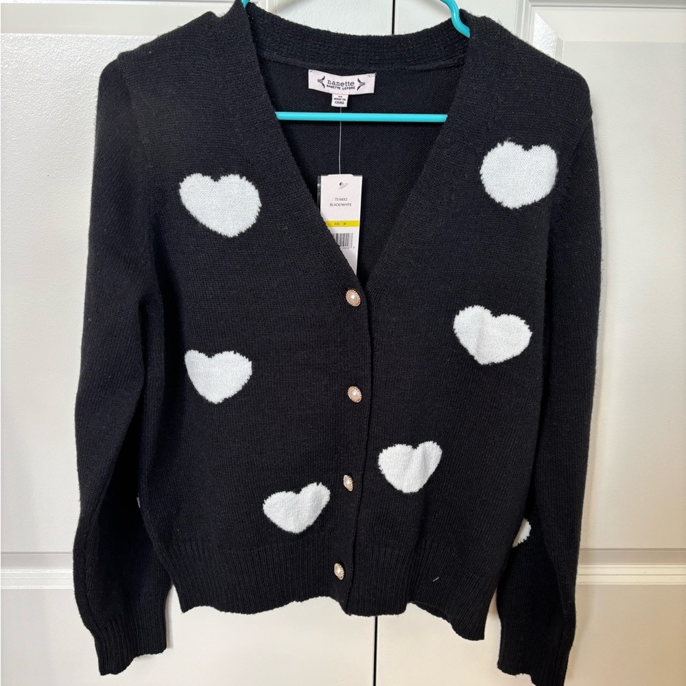 Nanette Lepore Black and White Heart Cardigan Sweater